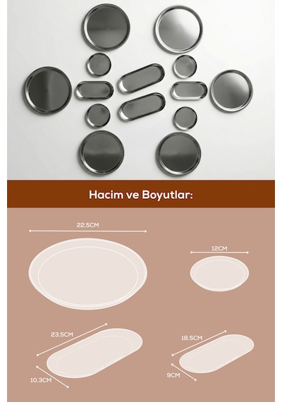 14 Parça 6 Kişilik Metal Kahvaltılık Ve Sunum Seti Yuvarlak Ve Kayık Tabak Takımı Gri