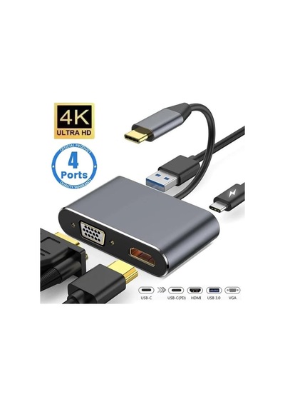 Kyrotech 4in1 Usb C Hdmı Vga Adaptörü, Usb C Hub, 4k Hdmı, 1080p Vga, Usb 3.0, Usb C Pd Şarj, Macbook Pro/air/ipad Pro 2018 / Dell Xps/samsung Uyumlu