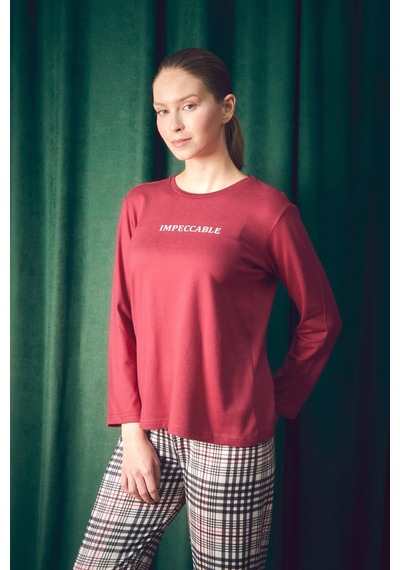 Fullamoda Yazı Baskılı Bisiklet Yaka 2 Li Pijama Takımı 24mıcg631216539-bordo Bordo