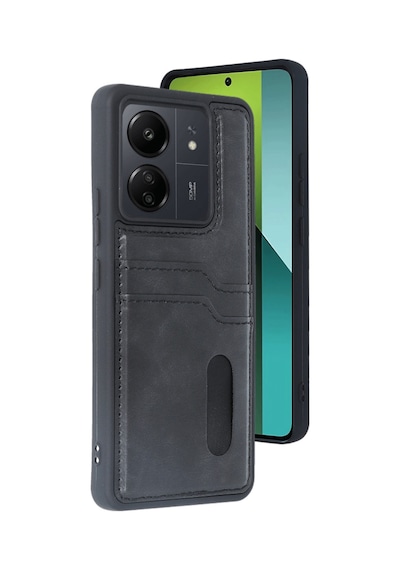 Xiaomi Poco C65 Uyumlu Deri Kartvizitli Kartlıklı Premium Telefon Kılıfı Kapak Siyah