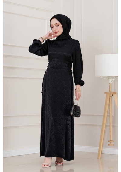 Banu Yanı Bağcıklı Saten Abiye-siyah-4948