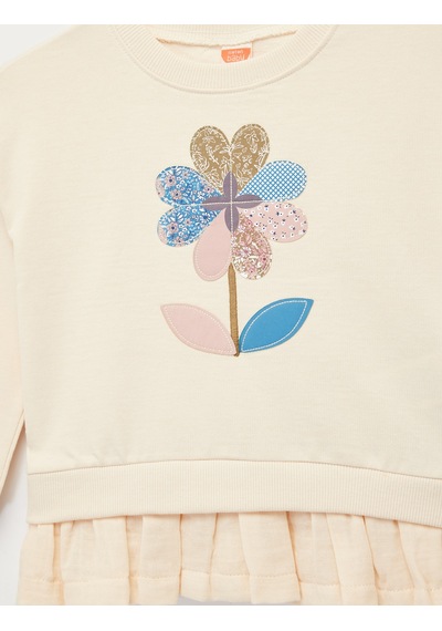 Koton Pamuklu Uzun Kollu Bisiklet Yaka Çiçek Desenli Sweatshirt Bej 6wmg10081ak Ekru