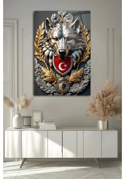 Bozkurt Türk Bayrağı Arması Cam Tablo Şık Duvar Tablosu Uv Baskılı Canlı Renkler Kafe Ve Ofis İçin Ev Hediyesi Parlak Cam Yüzey