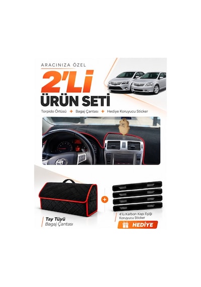 Toyota Avensis T270 2009-2015 Uyumlu Torpido Örtüsü + Tay Tüyü Bagaj Çantası Seti - Siyah Kırmızı