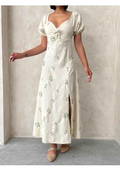 Verymoda Nakışlı Keten Görünümlü Elbise D2901 Haki