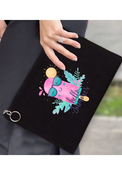 Bk Gift Yaz Temalı-5 Astarlı Siyah Portföy Çanta 30x21cm, Baskılı El Çantası, Organizer Çanta