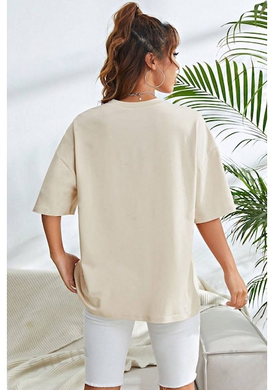 Uyguntarz Unisex Flowers Baskılı Oversize Tshirt Bej