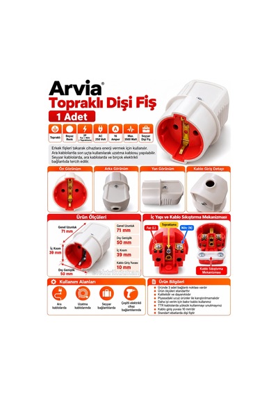 Arvia Topraklı Dişi Fiş Beyaz Tekli Seyyar Uzatma 16 Amper 220 Volt Ip20