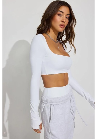 Seeh Beyaz Kare Yaka Parmak Detaylı Kadın Body Sh211
