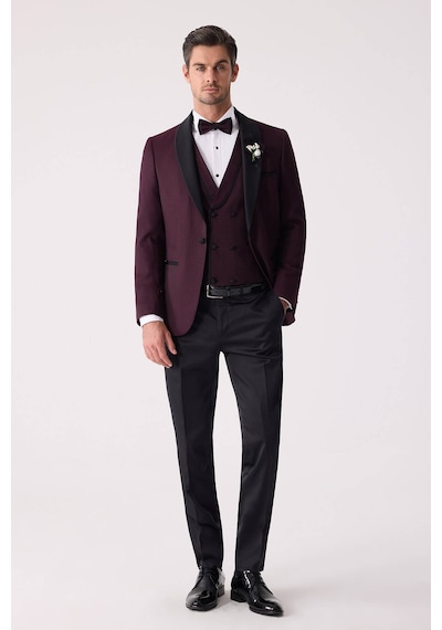 Ysf Erkek Mürdüm Çıkma Şal Yaka Slim Fit Damatlık