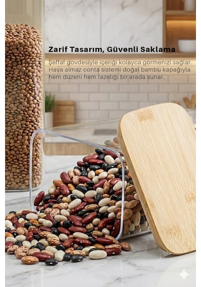 Bambu Kapaklı Dikdörtgen 6 Lı 1500 Ml Hava Geçirmez Gıda Saklama Kabı Seti Şeffaf