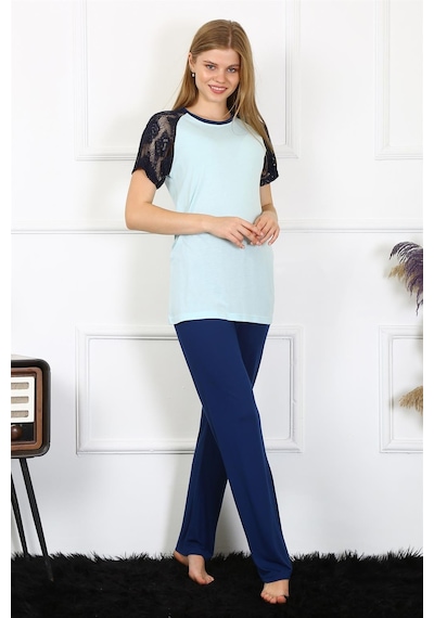 Akbeniz Kadın Kolu Dantelli Penye Pijama Takım 4148 - 3xl Su Yeşili