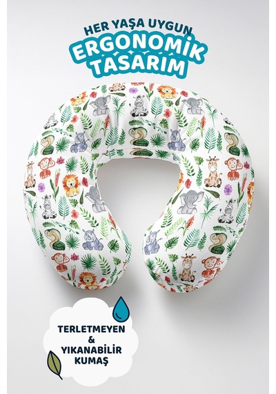 Sevimli Hayvanlar Temalı Pamuklu Boyun Yastığı - Tropikal Yeşil Renkli Seyahat Yastığı Metalik Gece Altın Sarısı