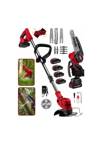 Dragro Drg-21v 2'li Set 21v Çift Akü R Uzatmalı Kollu Çalı Ot Biçme Şarjlı Tırpan Ve Testere 4 Akülü