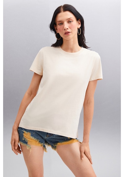 Grimelange Samantha Kadın %100 Organik Pamuklu Comfort Fit Arkası Uzun Basic Örme Bej T-shirt