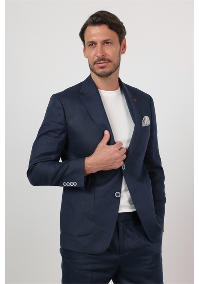 İmza Lacivert Mono Yaka Keten 6 Drop Slim Fit Yarım Astar %100 Keten Takım Elbise 1001260164