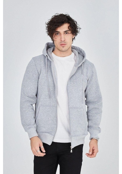 Mbb E-ticaret Erkek 3 İplik Pamuklu Fermuarlı Kapüşonlu Kanguru Cepli Hoodie Hırka Sweatshirt - Gri