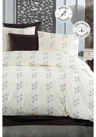 Nakışlı %100 Pamuk Akfil Nevresim Takımı Çift Kişilik 3 Parça Lüks Kalite Çeyizlik Krem / Antrasit