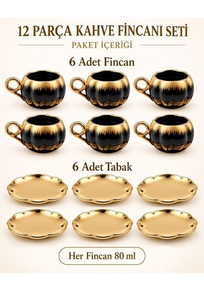 Valkyrie 6 Kişilik Siyah Gold Balkabağı Model Türk Kahvesi Fincan Takımı 12 Parça 80 Ml Çeyizlik Siyah