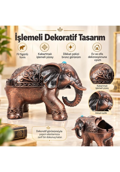 Lüks Alaşım Metal Fil Figürlü Kapaklı Dekoratif Küllük Ve Takı Saklama Kutusu Metal Biblo 18 X 12 Cm