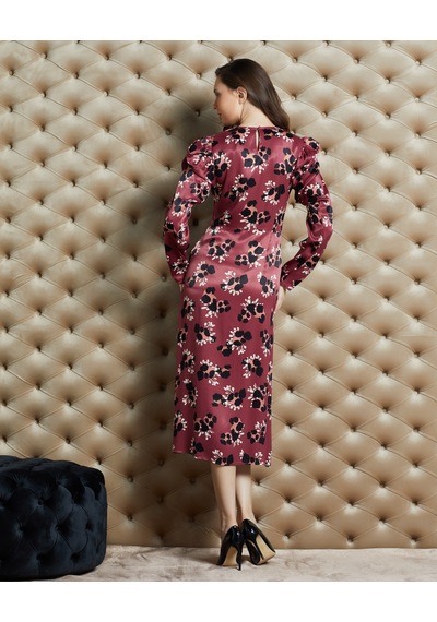 Serpil Exclusive Emprime Desenli Saten Dokulu Midi Elbise Şık Ve Modern Stil Bordo
