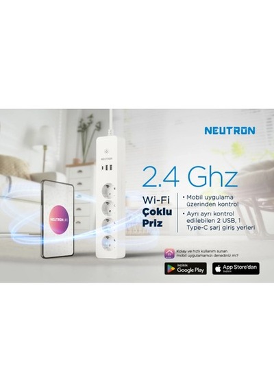 Neutron Ntl-sw07 1050 Joule Akım Korumalı Wifi Akıllı Grup Priz 4 Lü, 2 Usb + Type-c, 1 Mt Kablo 1 M