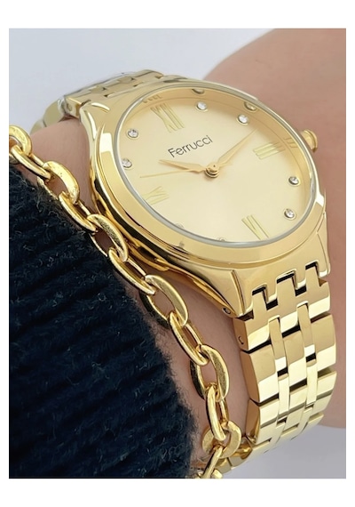 Ferrucci Gold Renk Çelik Şık Kadın Kol Saati+bileklik Hediye Gold