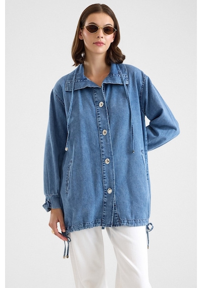Olcay Eteği Büzgülü Bağcık Detaylı Oversize Ceket Mavi 8288