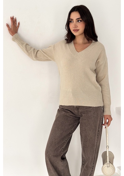 Noa & Noa Kadın V Yaka Triko Kazak Cozy Neutral Bej