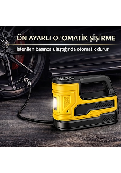 Araç Lastik Hava Kompresörü 150 Psı 12v Çakmaklık Girişli Taşınabilir Dijital Göstergeli Led Işıklı Hava Pompası Sarı