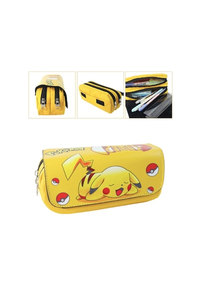 Pokemon Pikachu Cift Fermuarli Büyük Kapasiteli Okul Kalem Kutusu