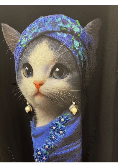 Darkwin Büyük Beden Kedi Baskılı Taş Ve İnci Detaylı Bisiklet Yaka Kapri Kol Kadın Bluz Mavi
