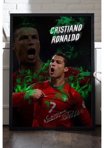 Cristiano Ronaldo Siyah Ahşap Çerçeveli Poster, Dekoratif Futbol Duvar Tablosu