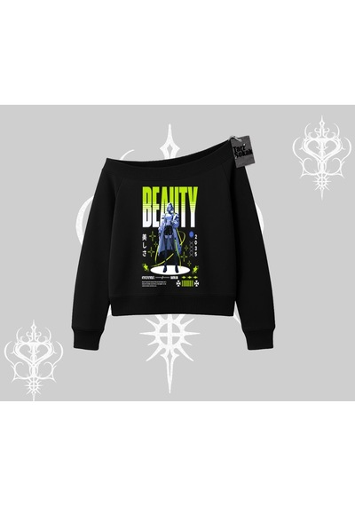 Startmore Kayık Yaka Sweatshirt Anime Unity Neon Detaylı Grafik Baskılı Siyah