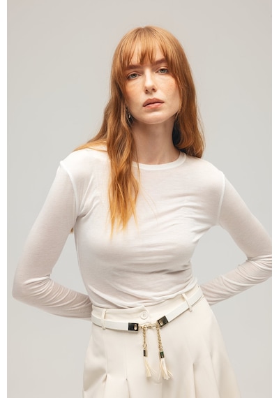Saade Sââde Kadın Slim Fit Bisiklet Yaka Uzun Kollu Basic Örme Bluz - Transparan Görünümlü Ekru Saade Sââde Kadın Slim Fit Bisiklet Yaka Uzun Kollu Basic Örme Bluz - Transparan Görünümlü Ekru