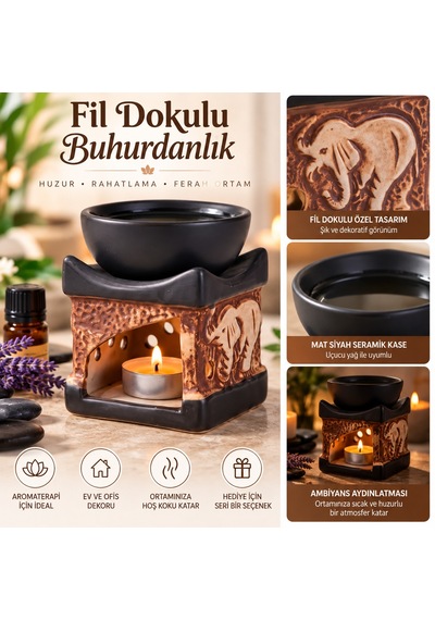 Bakgelal Fil Dokulu Seramik Buhurdanlık Mat Siyah Kaseli Dekoratif Aromaterapi Ve Uçucu Yağlık - 9079977102063
