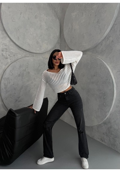 Kadın Straight Jean Yırtık Detaylı Ara Bel Boru Paça Kot Pantolon Füme Siyah+füme