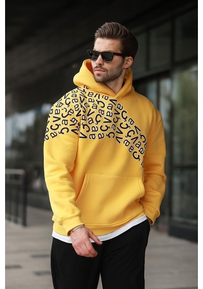 Madmext Sarı Baskılı Kapüşonlu Erkek Sweatshirt E7160 Sarı