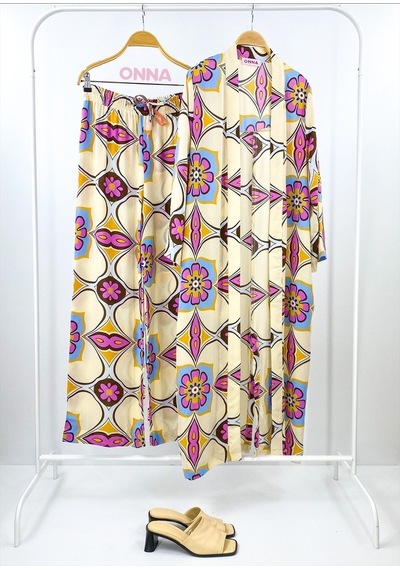 Modaonna Kadın Bej Renk Pamuklu Kimono Pantolon Takım Bej