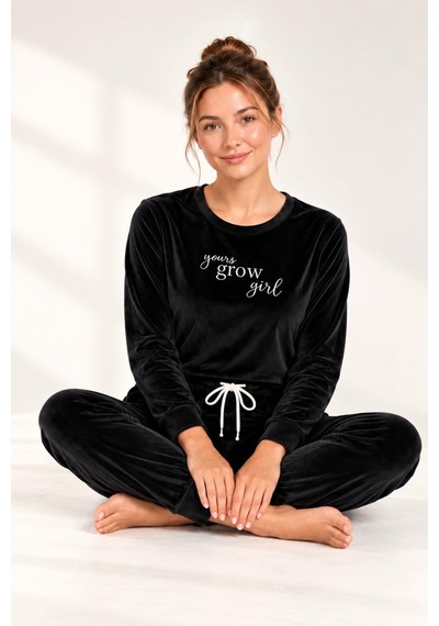 Gd Goldoremi Kadın Premium Likralı Uzun Kollu Kadife Pijama Takım Siyah
