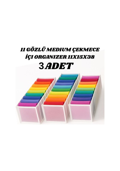 3 Adet 11 Gözlü Medium Çekmece İçi Organizer 11x15x38 Polyester 40 X 30 Beyaz Tr Diğer