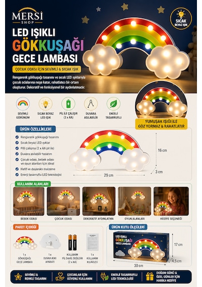 Led Işıklı Gökkuşağı Gece Lambası Dekoratif Duvara Asılabilir Çocuk Odası Lambası Çok Renkli