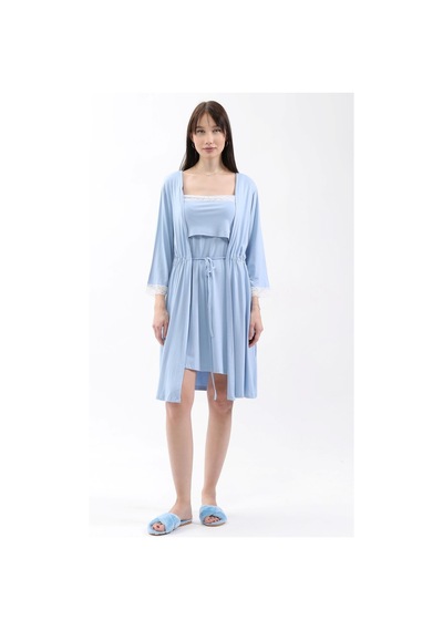 Luvmabelly Myra9651 Sabahlıklı Önden Bölmeli Dantelli Emzirme Geceliği -mavi-mavi