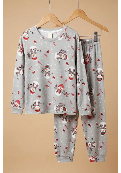 Zuzunga Unisex Yılbaşı Temalı Cute Kardan Adam Desenli Çocuk Pijama Takımı Gri