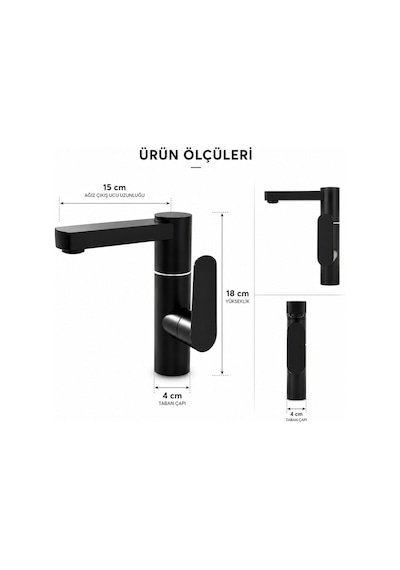 Lüx Premium Silva 360 Döner Borulu Siyah Banyo Lavabo Bataryası Musluğu Çeşmesi Modern Batarya