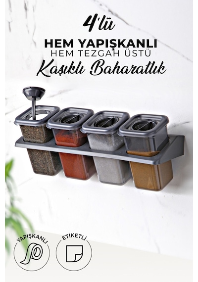 Kitchen Life 4'lü Etiketli Standlı Kilitli Kaşıklı Kendinden Yapışkanlı Kare Baharatlık Takımı - Erzak Kabı Seti Siyah