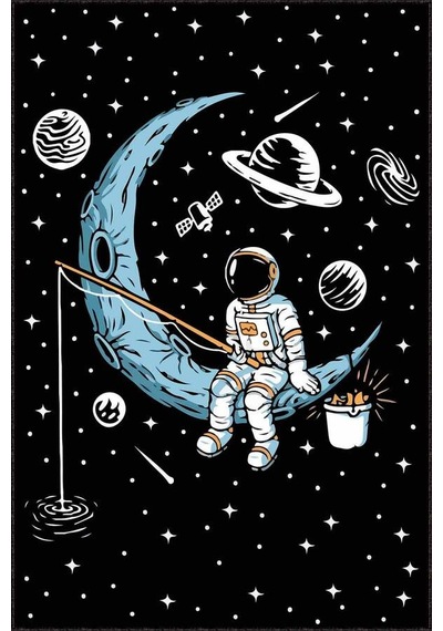 Siyah Kaymaz Taban Uzay Tema Astronotlu Çocuk Halısı Ar1159n11