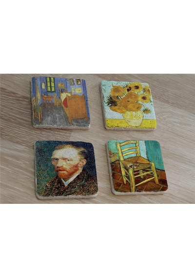 Van Gogh Eserleri Doğal Taş Bardak Altlığı 4'lü Set - Natural Stone Coasters - Taş Çok Renkli