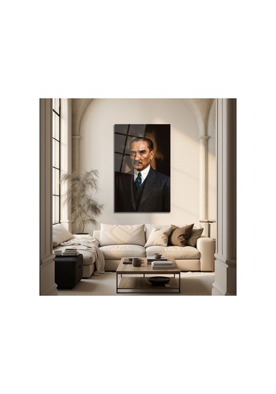 Atatürk Derin Bakışlı Portre Dekoratif Cam Tablo Atatürk Temalı Dekoratif Duvar Tablosu, Salon, Ofis Ve Çalışma Alanı Dekoru,