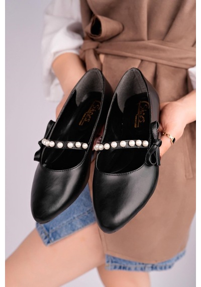 Nesilshoes Nesil Shoes Ceylan 360 Siyah İnci Detaylı Kadın Babet
